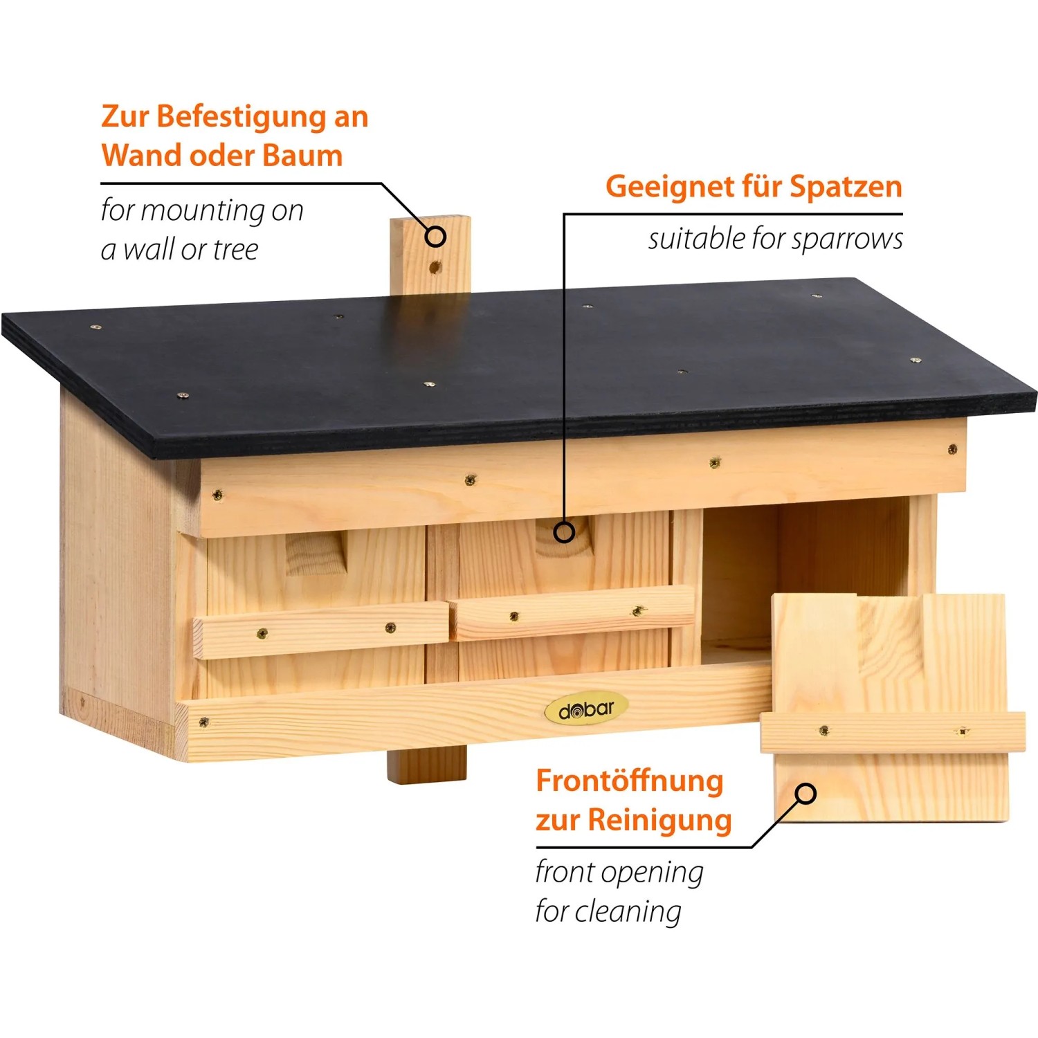 Dobar Nistkasten aus hellem FSC®-Kiefernholz für Spatzen, schwarzes Dach, Reinigungsöffnung. Für Wand/Baum.
