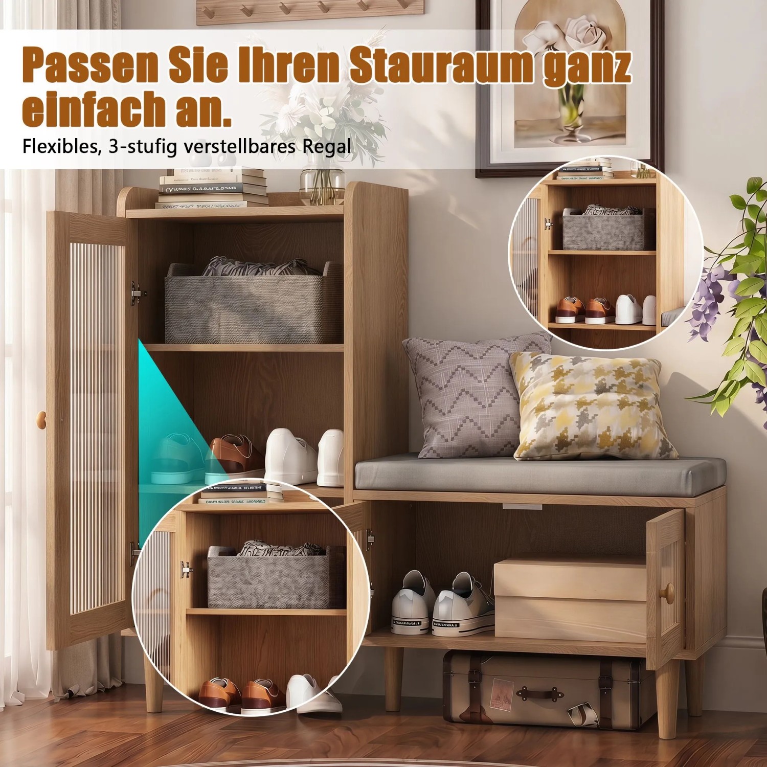 Schuhschrank mit gepolsterter Sitzbank in Holzoptik, Glastüren, goldene Griffe. Verstellbare Fächer für Schuhe.
