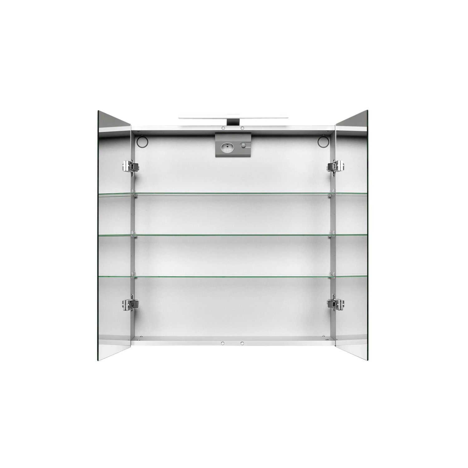 Offener Jokey Spiegelschrank Alu-LED, 65x71 cm, mit Glasablagen und Aluminiumrahmen.