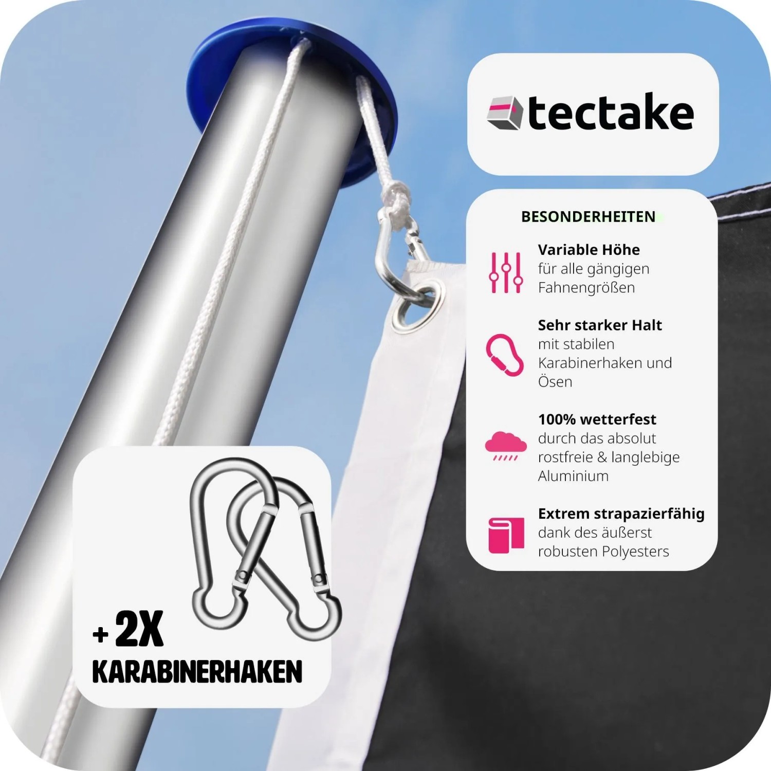 Tectake Aluminium Fahnenmast mit Deutschlandflagge, Details wie Karabinerhaken und wetterfestes Material.