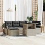 Hellgraues 7-teiliges Garten-Sofa-Set aus Poly Rattan mit Tisch und Stauraum.