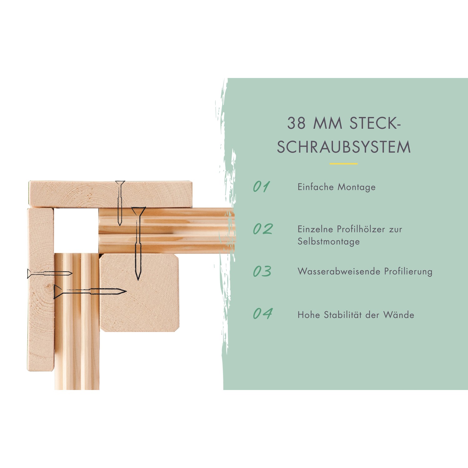 Detailaufnahme Steck-Schraubsystem (38 mm) des Karibu Gartenhaus Kubus 1, einfache Montage, wasserabweisende Profilierung.
