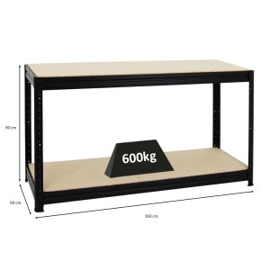 Schwarze PROREGAL Werkbank Dino, höhenverstellbar, 160x60cm, mit zwei Ebenen und hoher Traglast.