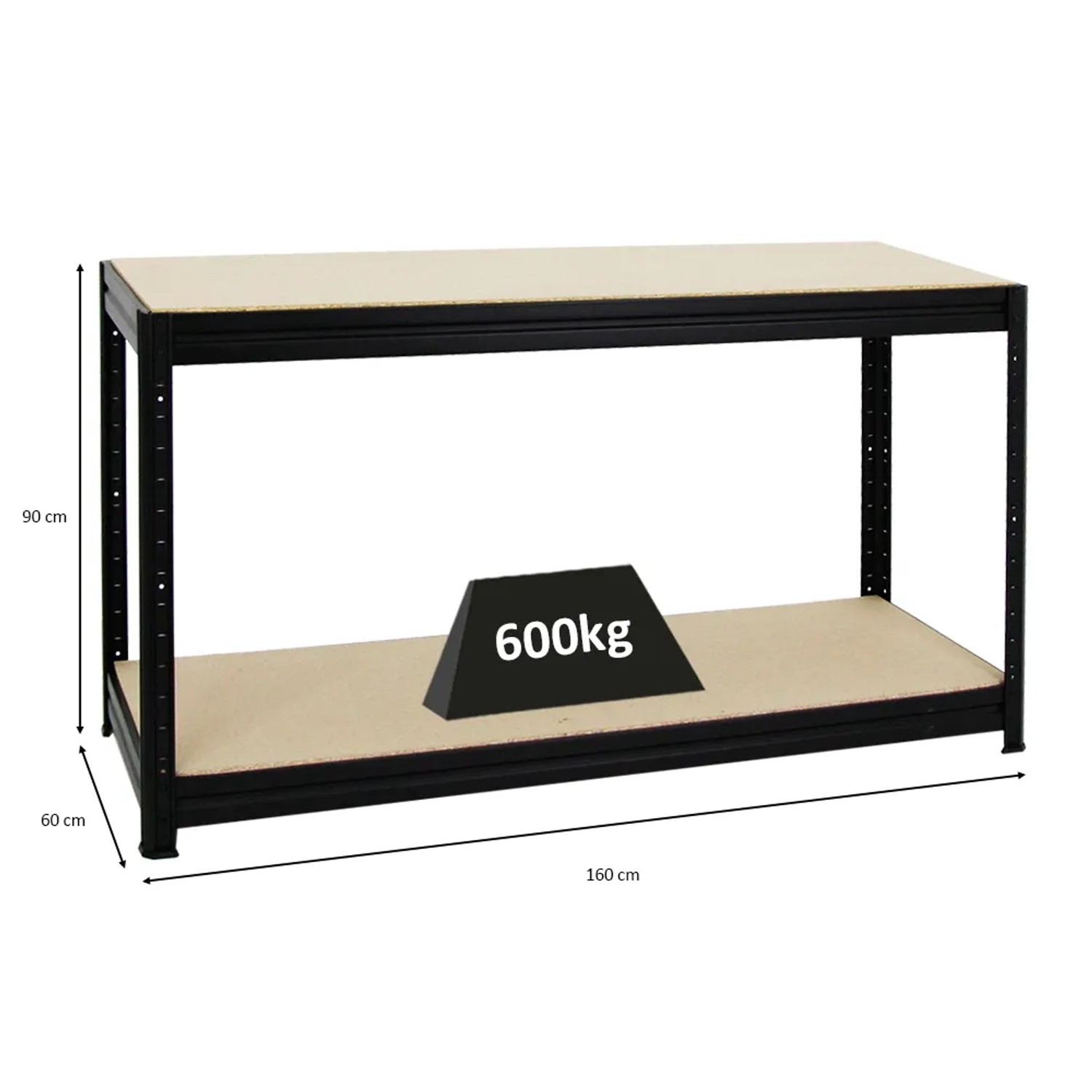 Schwarze PROREGAL Werkbank Dino, höhenverstellbar, 160x60cm, mit zwei Ebenen und hoher Traglast.