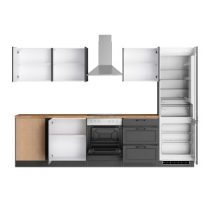 Moderne Winkelküche Kempten 300 cm in Graphit/Grau mit E-Geräten und Holzarbeitsplatte.