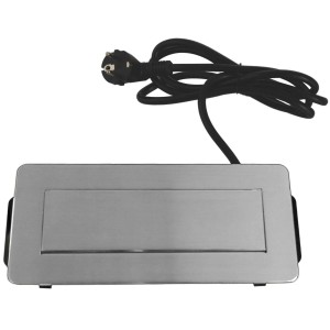 Kalb Voltaris 3er Flipup-Mehrfachsteckdose für Möbel, silberfarben, mit USB-A und USB-C Anschluss.