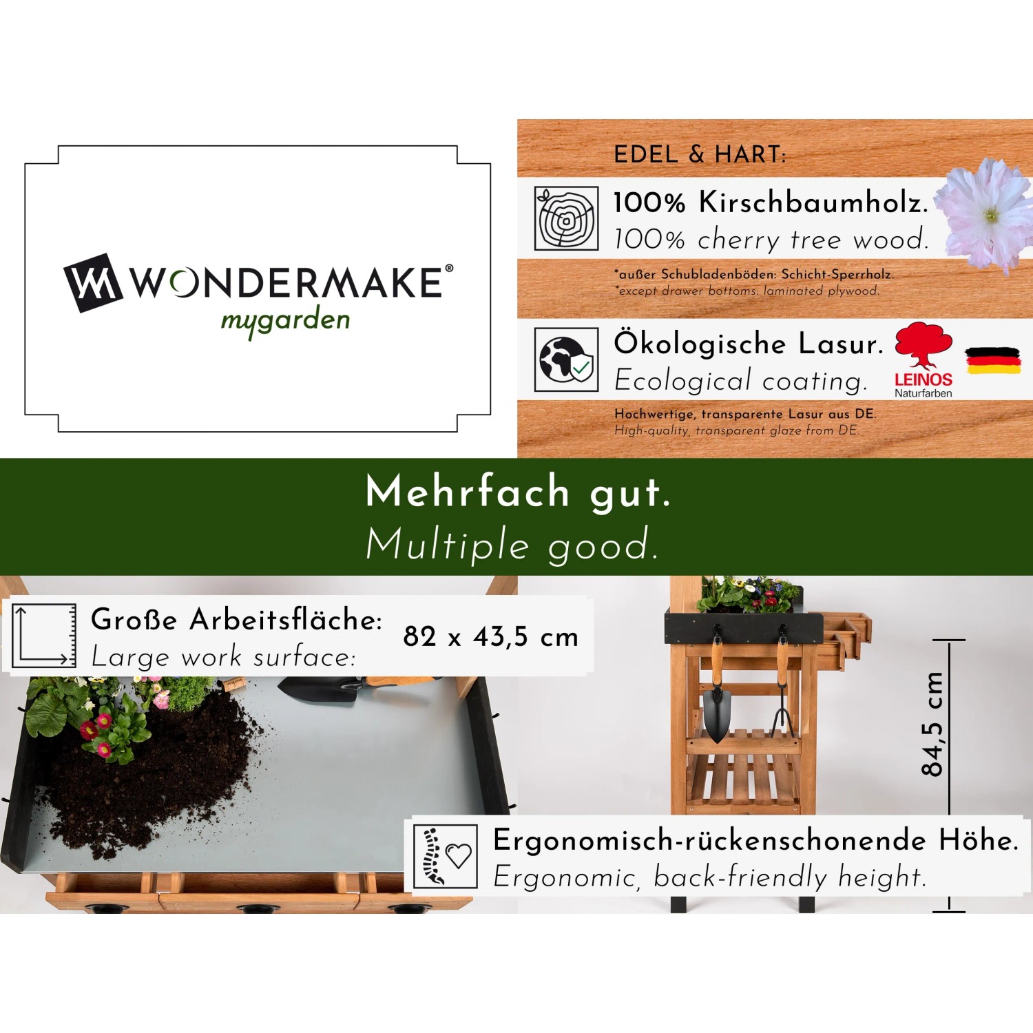 WONDERMAKE Pflanztisch Kirschbaum auxilium1: Gärtnertisch mit Arbeitsfläche, Schubladen und Haken.