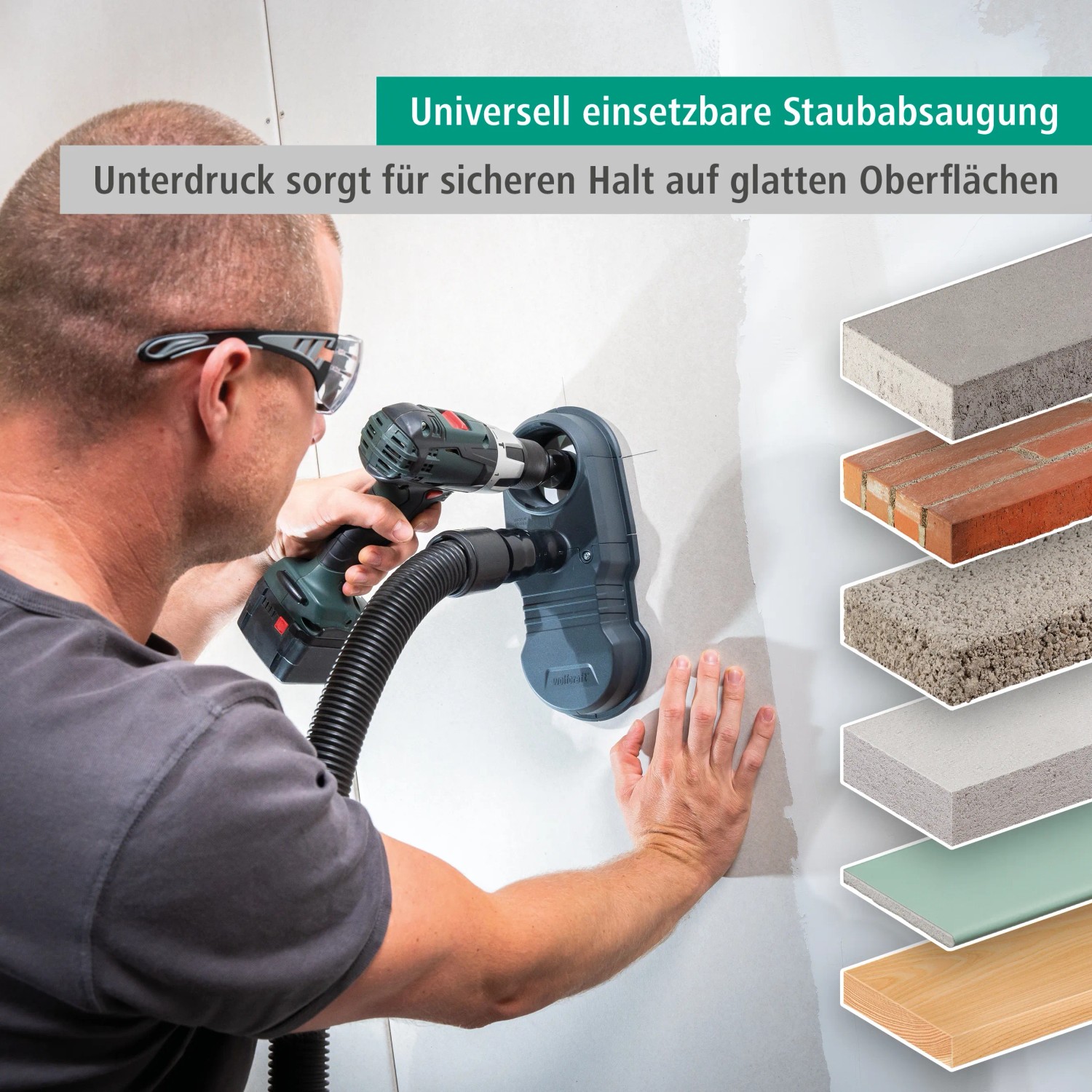 Wolfcraft Absaugsystem HSD 68/100 im Einsatz: Staubfreies Bohren mit Absaugung an der Wand.