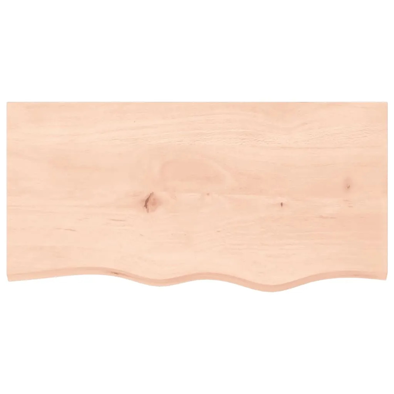 Unbehandelte, helle Massivholz Waschtischplatte (80x40 cm) mit Naturkante.