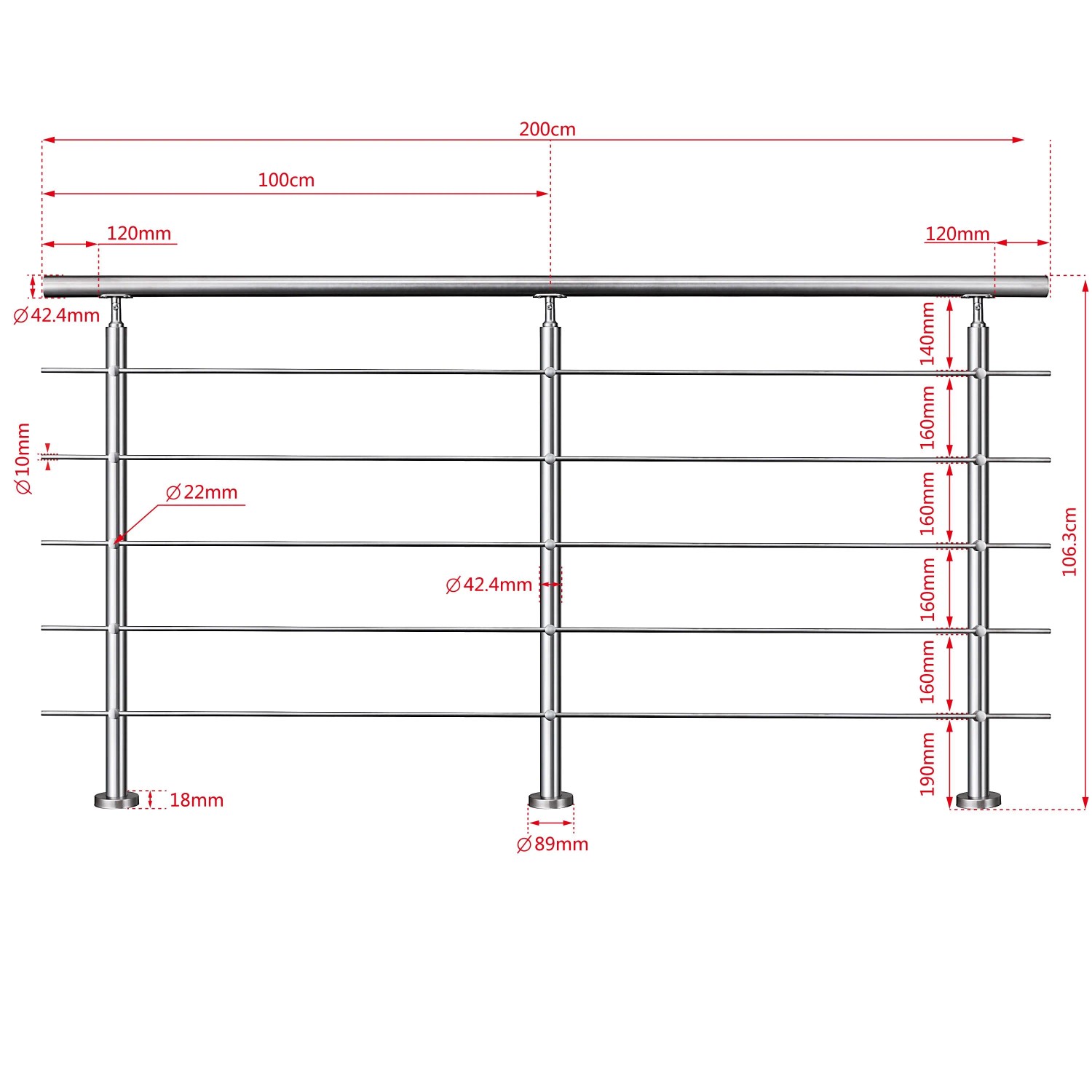 Duschparadies Geländer Edelstahl V2A 200 cm mit 5 Querstäben Komplettset_2