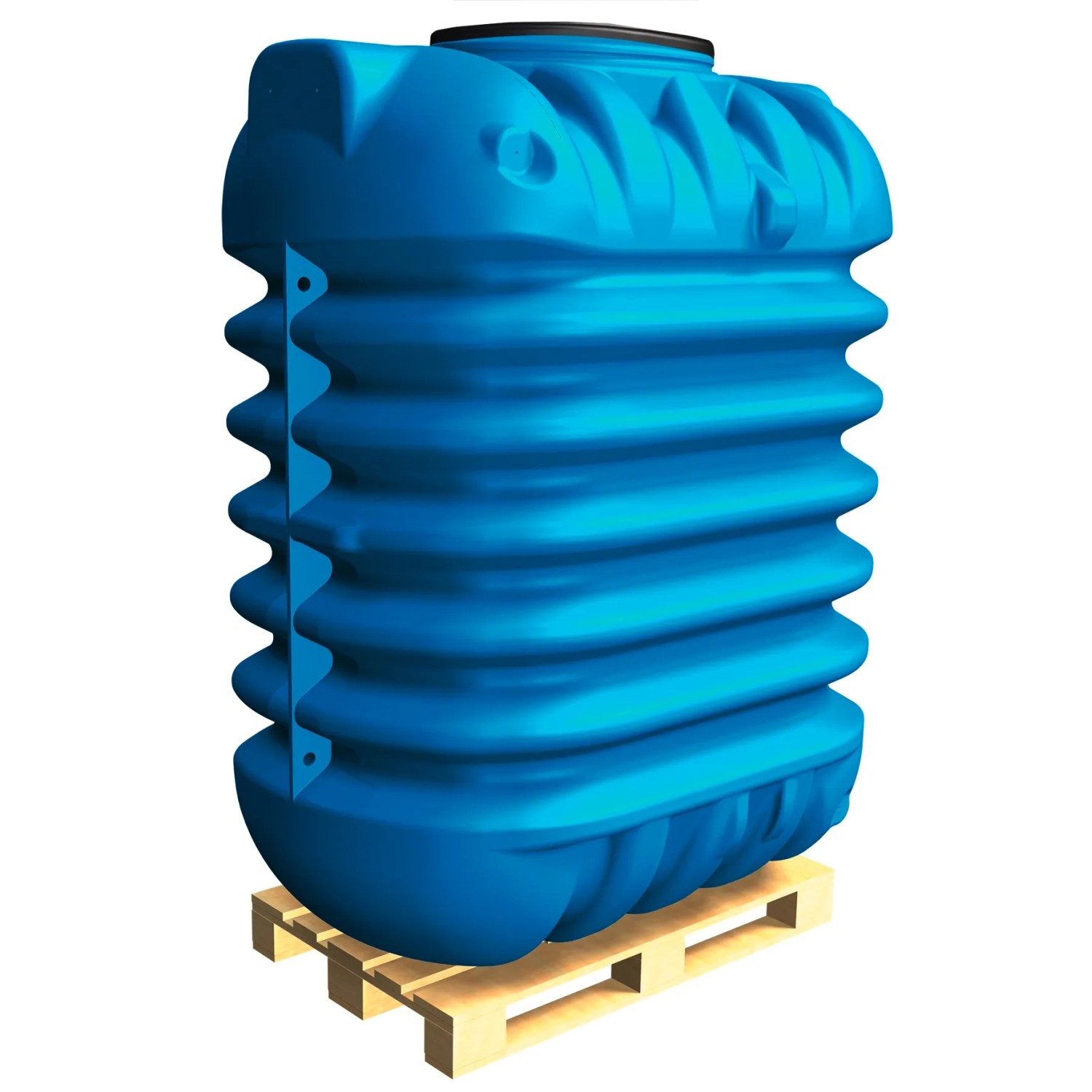 Blauer 4rain Erdtank Modularis 15.000 l mit Schachtverlängerung auf Palette.