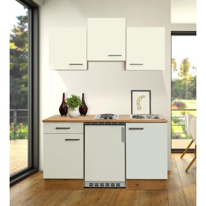 Flex-Well Singleküche Vintea 150 cm, Magnolia/Eiche, mit Kühlschrank und Kochfeld.