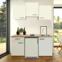 Flex-Well Singleküche Vintea 150 cm, Magnolia/Eiche, mit Kühlschrank und Kochfeld.