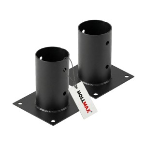 Zwei schwarze HOLLMAX Aufschraubhülsen für 80mm Rundholzpfosten. Pulverbeschichteter Pfostenträger mit quadratischer Bodenplatte.