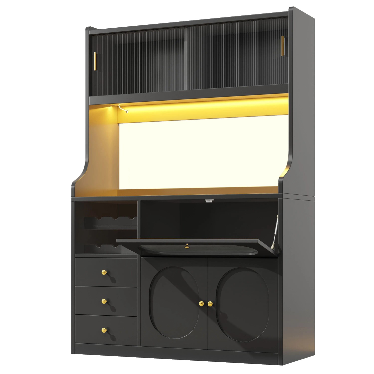 Merax Hochküchenschrank 120cm  RGB-LED  Glasschiebetüren  Weinregal  3 Schubladen