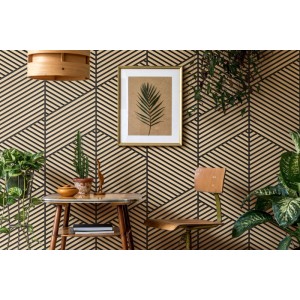 Grosfillex Wandpaneel Linio Graphic Ash, 3D Optik, Holz hell, im Wohnraum mit Möbeln und Pflanzen.