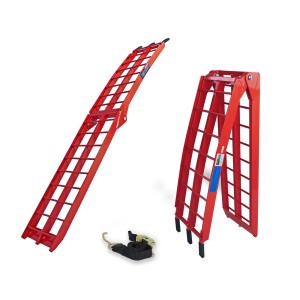 Klappbare, rote TRUTZHOLM Auffahrrampe aus Aluminium, 180 cm lang, Traglast 340 kg, mit Spanngurt.
