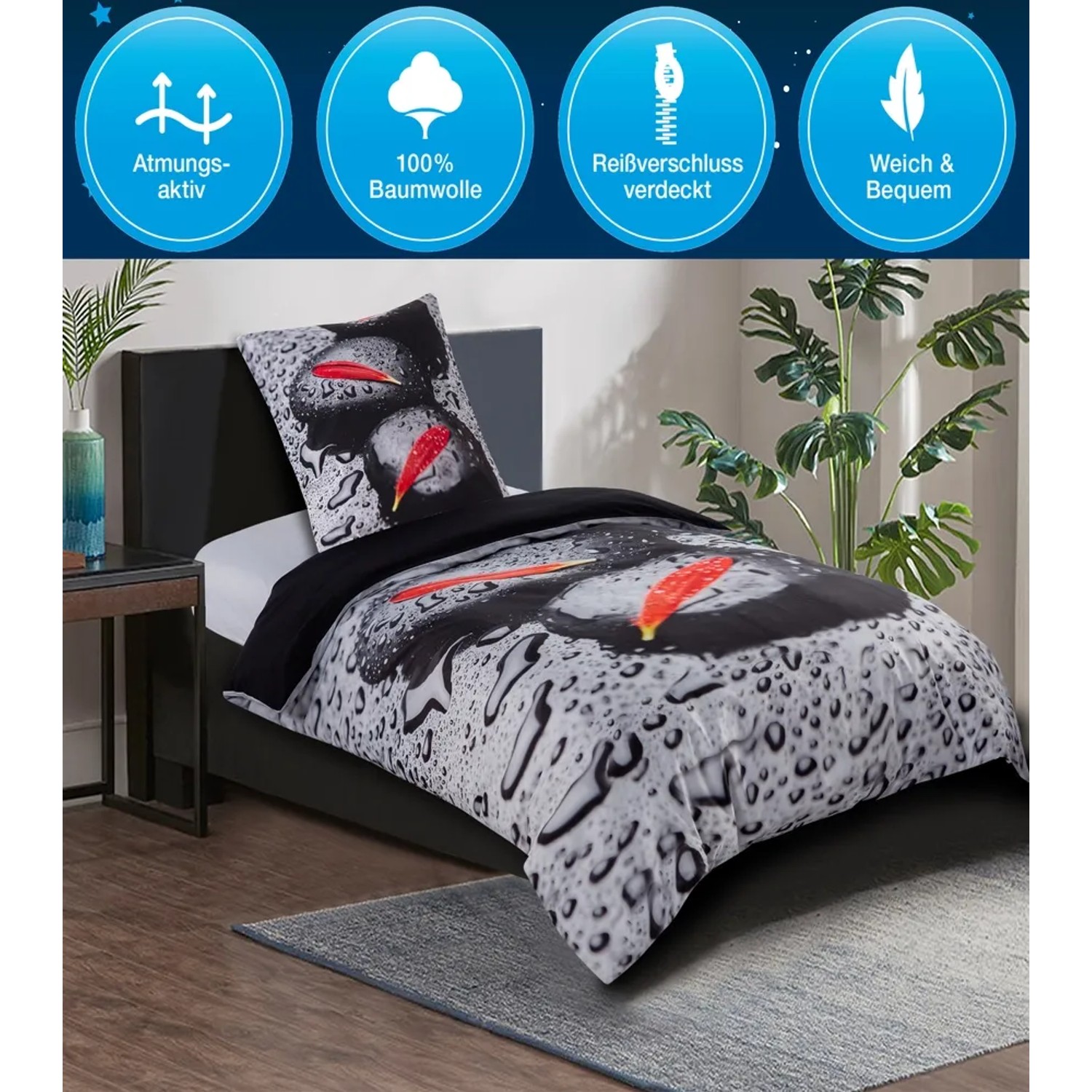 SANILO Bettwäsche Elegance, 2-teilig mit modernem Tropfen-Design und roten Akzenten auf einem Bett.