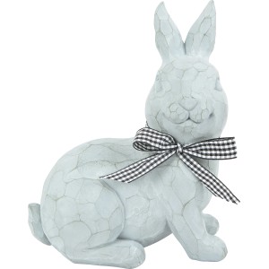 Sitzender grauer Hase als Dekofigur aus Polyresin mit Schleife für die Gartendekoration.