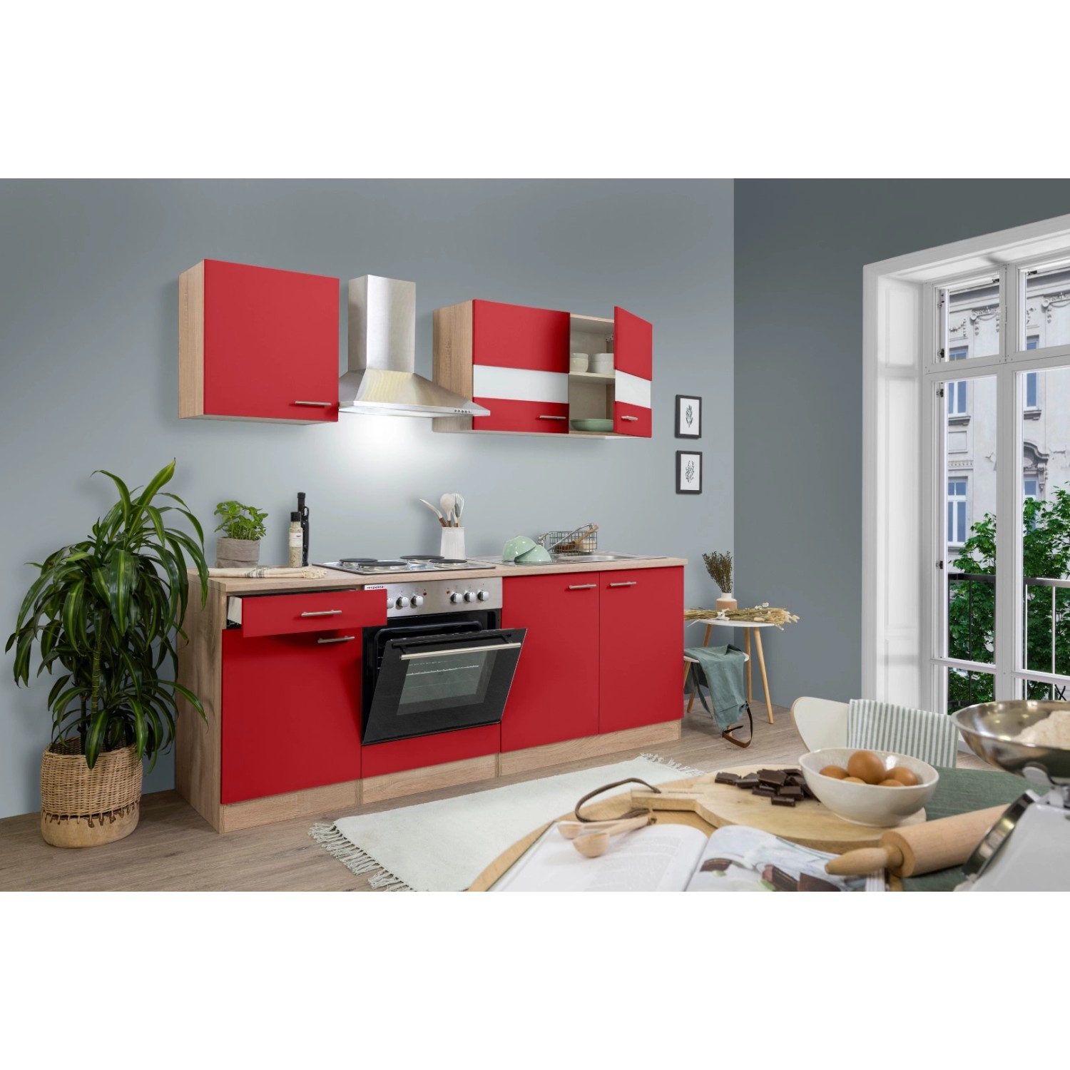 Respekta Küchenzeile/Küchenblock KB210ESR 210 cm Rot-Eiche Sägerau Nachbildung