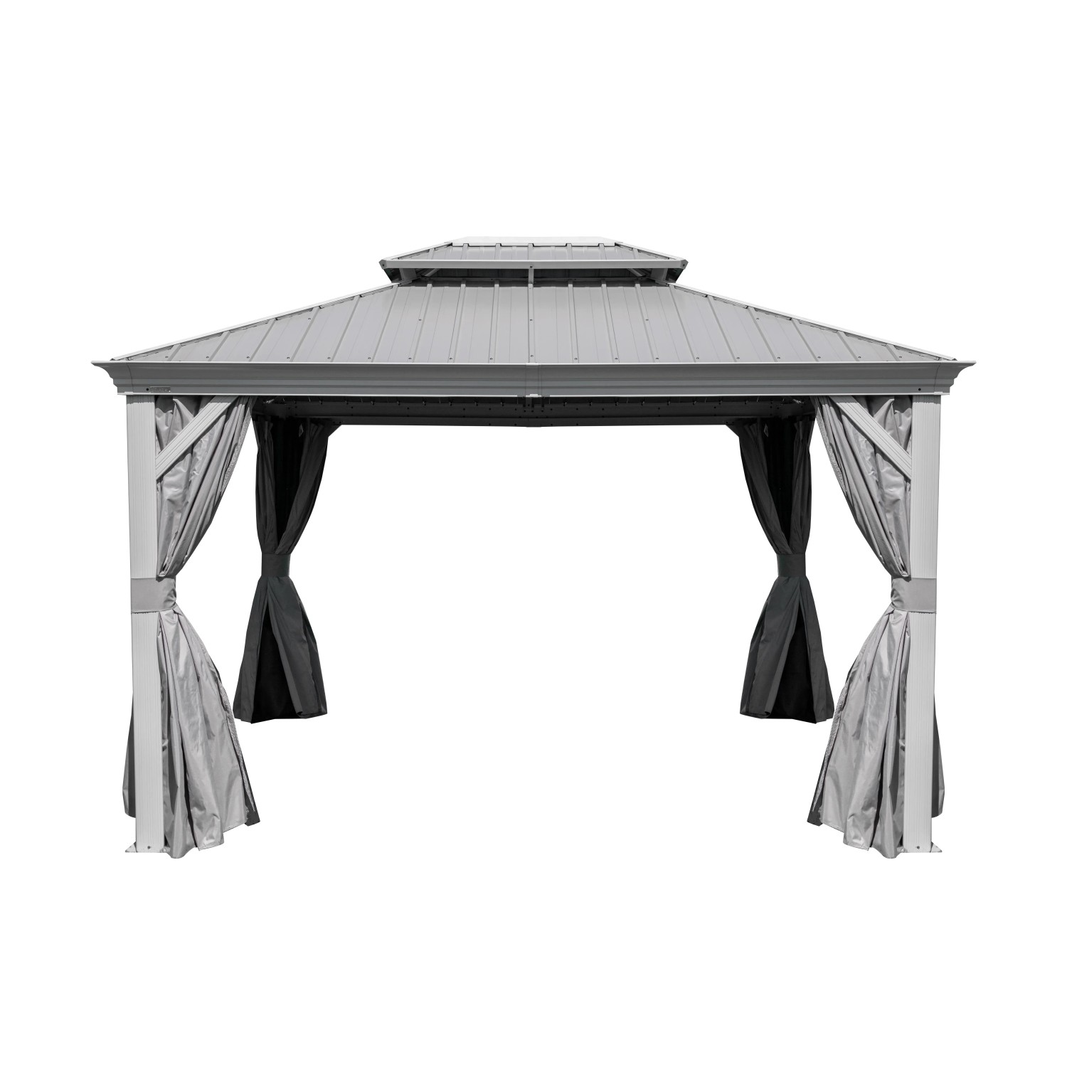 Sojag Pavillon Messina 10x12 Champagner mit Aluminiumrahmen und Vorhängen.