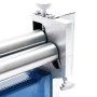 Wiltec Drei-Walzen-Rundbiegemaschine: Nahaufnahme der glänzenden Metallwalzen und blauen Basis für Blechbearbeitung.