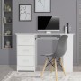 Weißer ML-Design Schreibtisch mit 3 Schubladen, Regalen und Tastaturauszug.