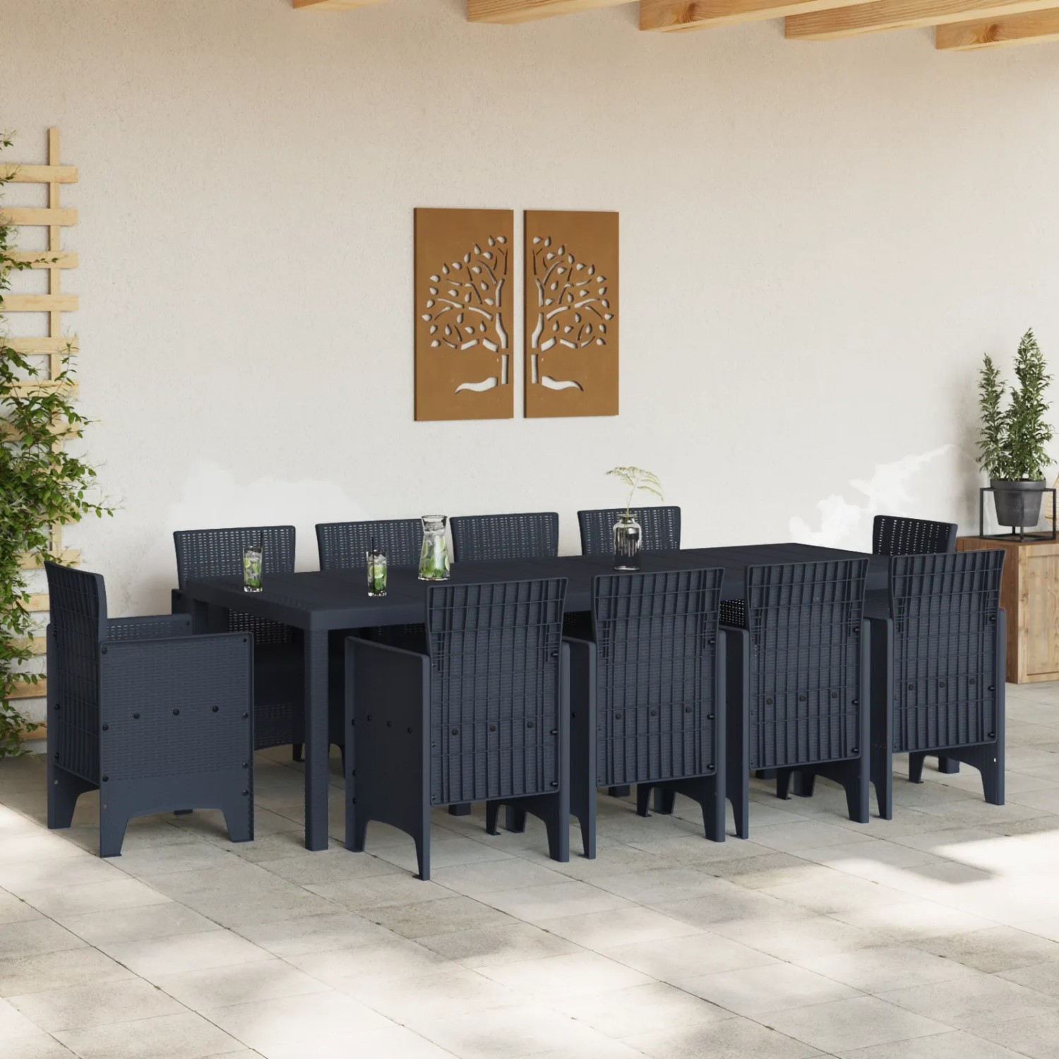vidaXL Garten-Essgruppe, 11-teilig, anthrazitfarbenes Poly-Rattan, mit rechteckigem Tisch und 8 Stühlen.