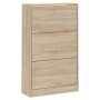 Moderner Schuhschrank Sonoma-Eiche aus Holzwerkstoff mit 3 Klappen und silbernen Griffen für den Flur.