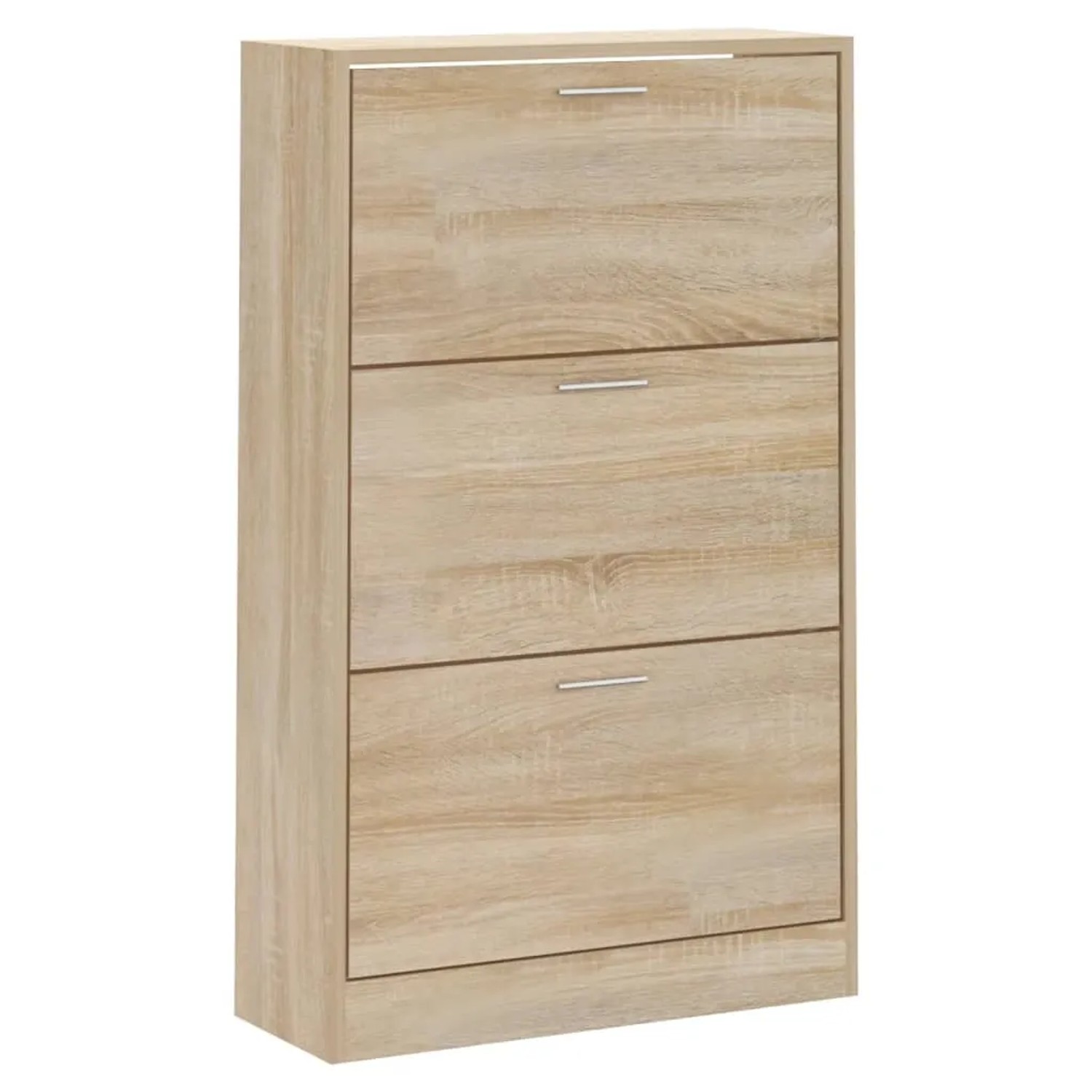 Moderner Schuhschrank Sonoma-Eiche aus Holzwerkstoff mit 3 Klappen und silbernen Griffen für den Flur.