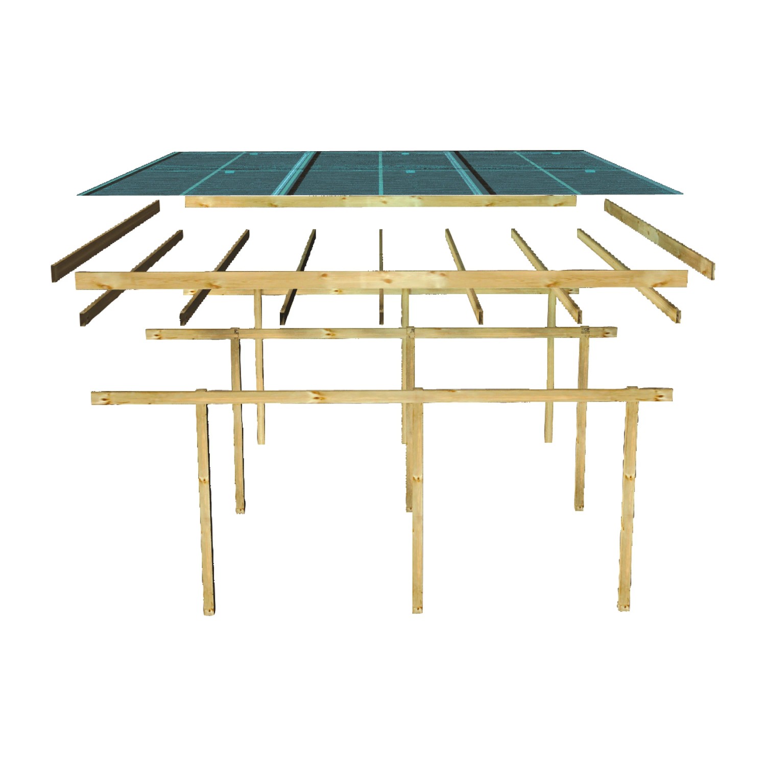 Explosionszeichnung Karibu Doppelcarport Eco mit Holzpfosten und PVC Dachplatten.