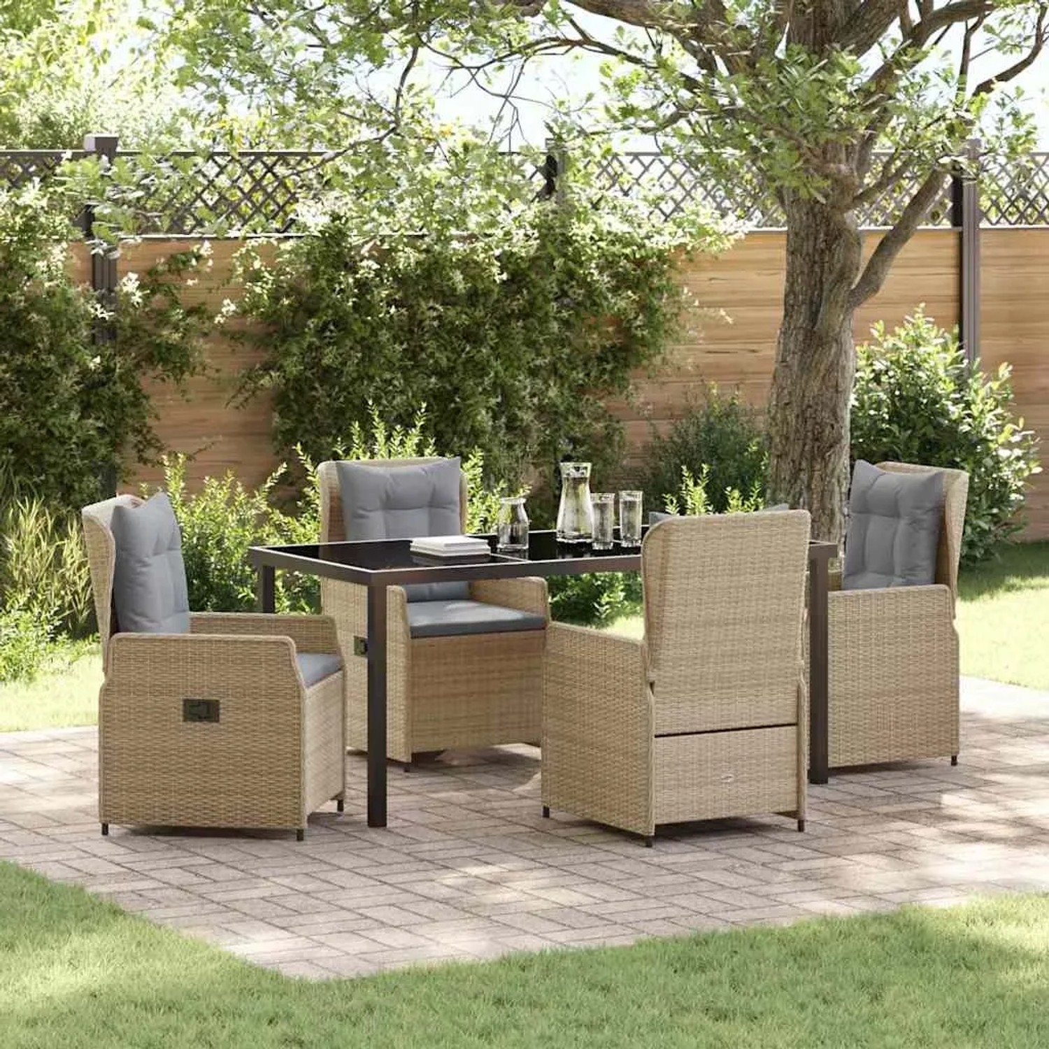 Beige vidaXL Garten Essgruppe, 5-teilig, Poly Rattan, mit Tisch und 4 Stühlen.