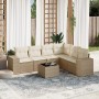Beige 7-tlg. Garten-Sofagarnitur aus Polyrattan mit Kissen und Tisch für Terrasse und Garten.
