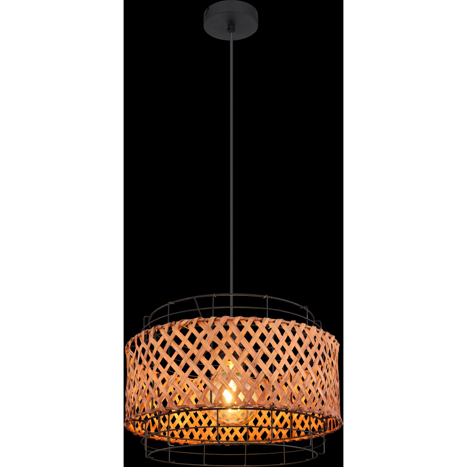 Schwarze Globo Hängeleuchte Gina, 35 cm Durchmesser, mit Bambus-Details für gemütliches Licht.