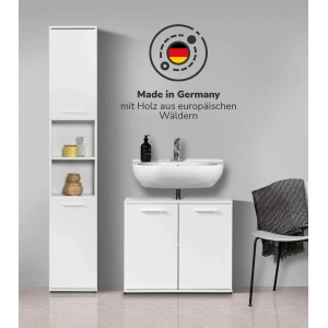 Mokebo Badmöbel-Set „Der Steuermann“: 2-teiliges, weißes Badezimmermöbel-Set mit Waschbecken und Hochschrank.