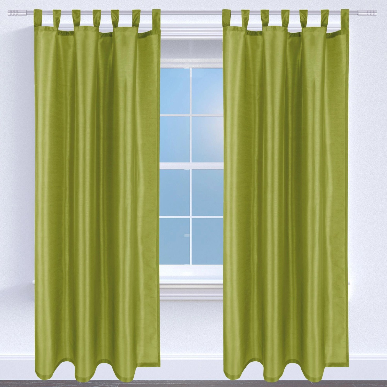 2er Pack grüne, blickdichte Gardinen Alessia mit Schlaufen, 140x245 cm. Fenstervorhänge für Wohnzimmer und Schlafzimmer.