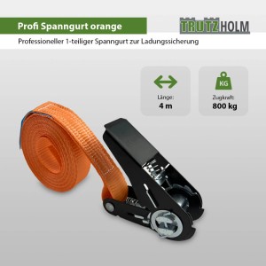 TRUTZHOLM Ratschen Spanngurt, 4 m, 800 kg, orange mit schwarzer Ratsche für Ladungssicherung.
