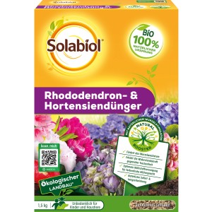 Solabiol Rhododendron- & Hortensiendünger 1,5kg im Karton mit Blütenabbildung.