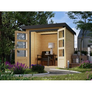 Karibu Gartenhaus Diego A, naturbelassen/anthrazit, 4,45 m², mit offenen Doppeltüren im Garten.