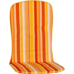 Beo Hochlehner Auflage Mono Palma für Gartenstuhl, gestreift in Orange, Gelb und Weiß.
