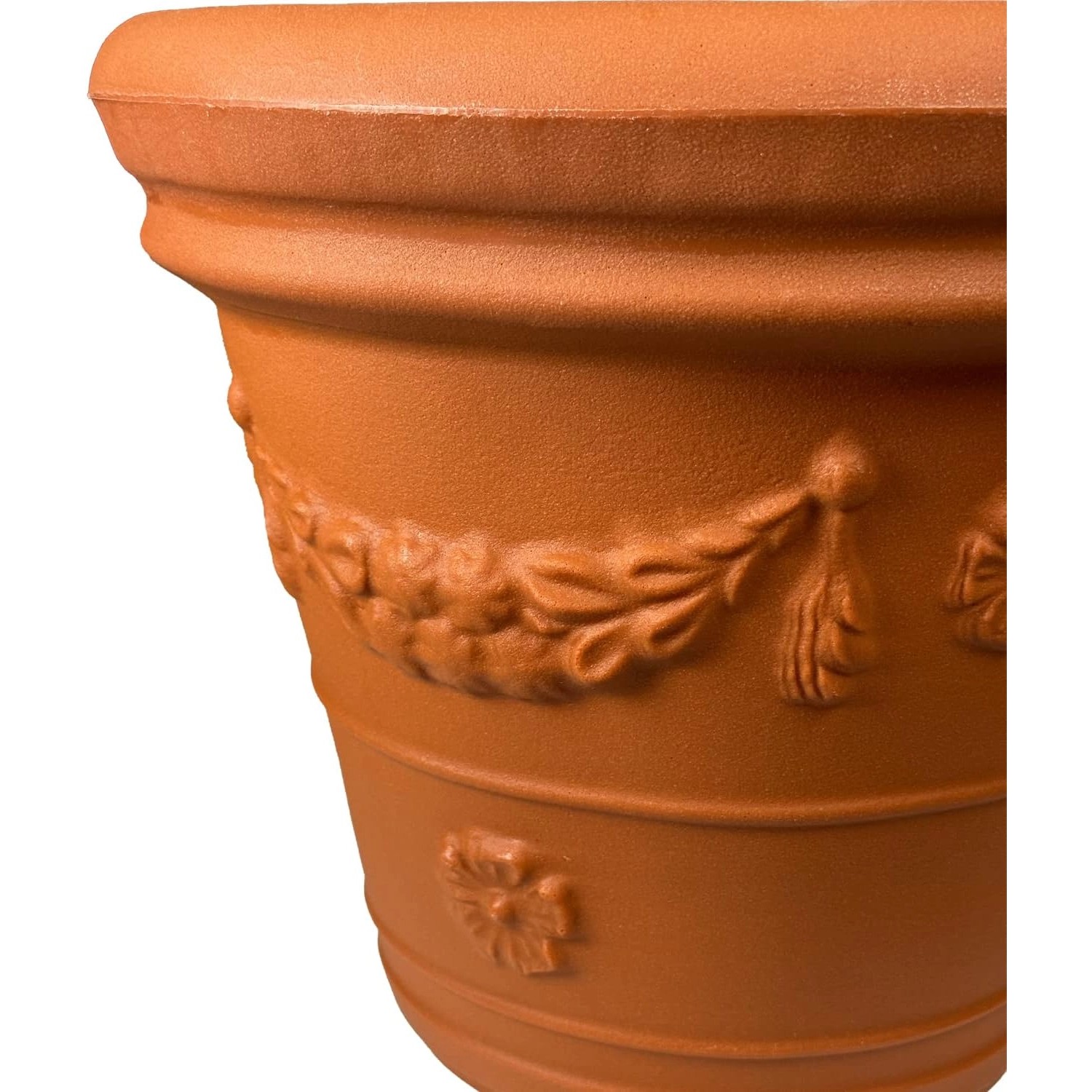 Mein-Pflanztopf Rom, terrakottafarbener Pflanztopf aus Kunststoff, Ø 55cm, mit mediterranem Dekor.