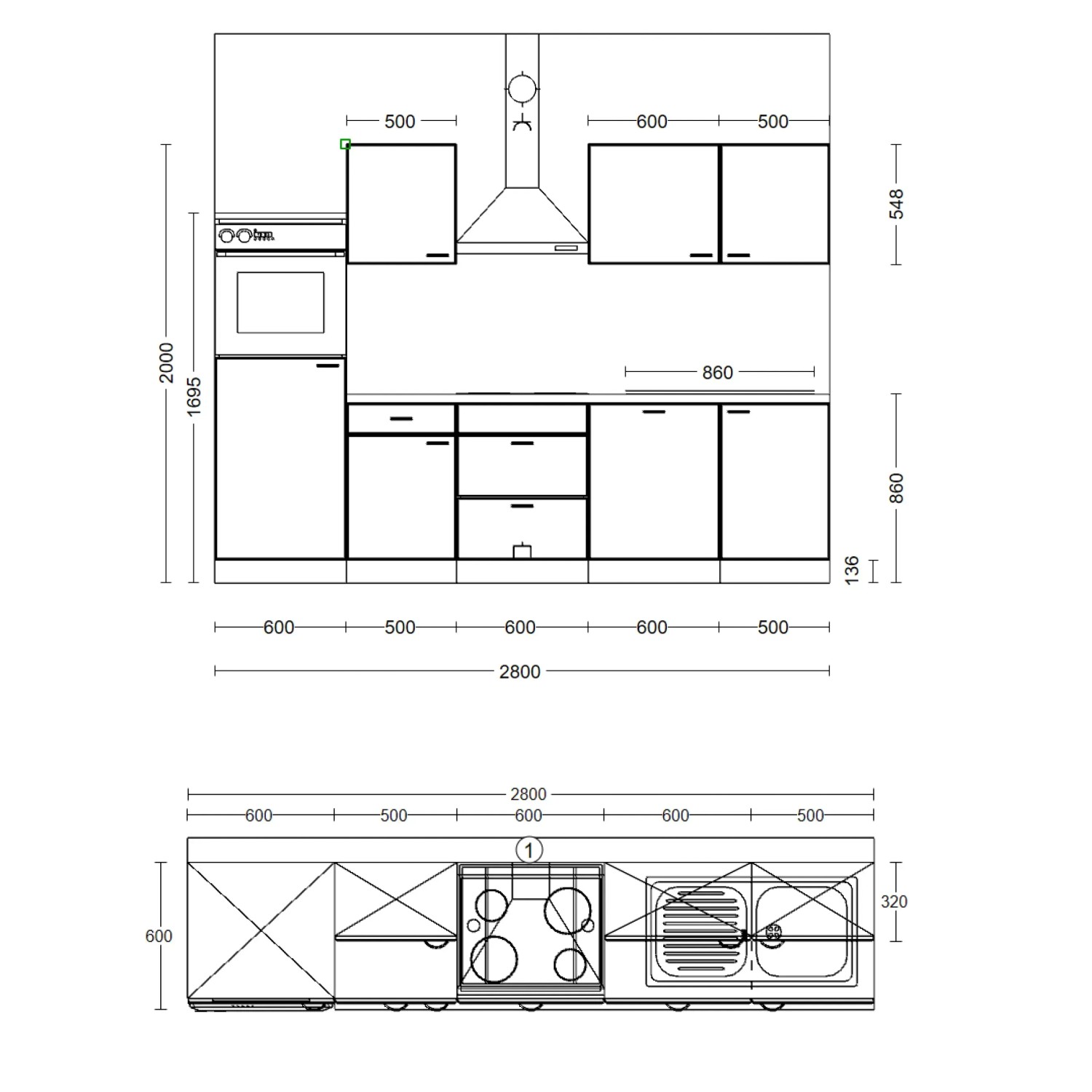 Skizze der weißen Flex-Well Küchenzeile Joelina 280 cm mit Elektrogeräten und Beton-Arbeitsplatte.