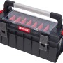 QBRICK Werkzeugkoffer PRO 600 Profi, schwarzer Werkzeugkasten mit transparentem Deckel und Aluminiumgriff.