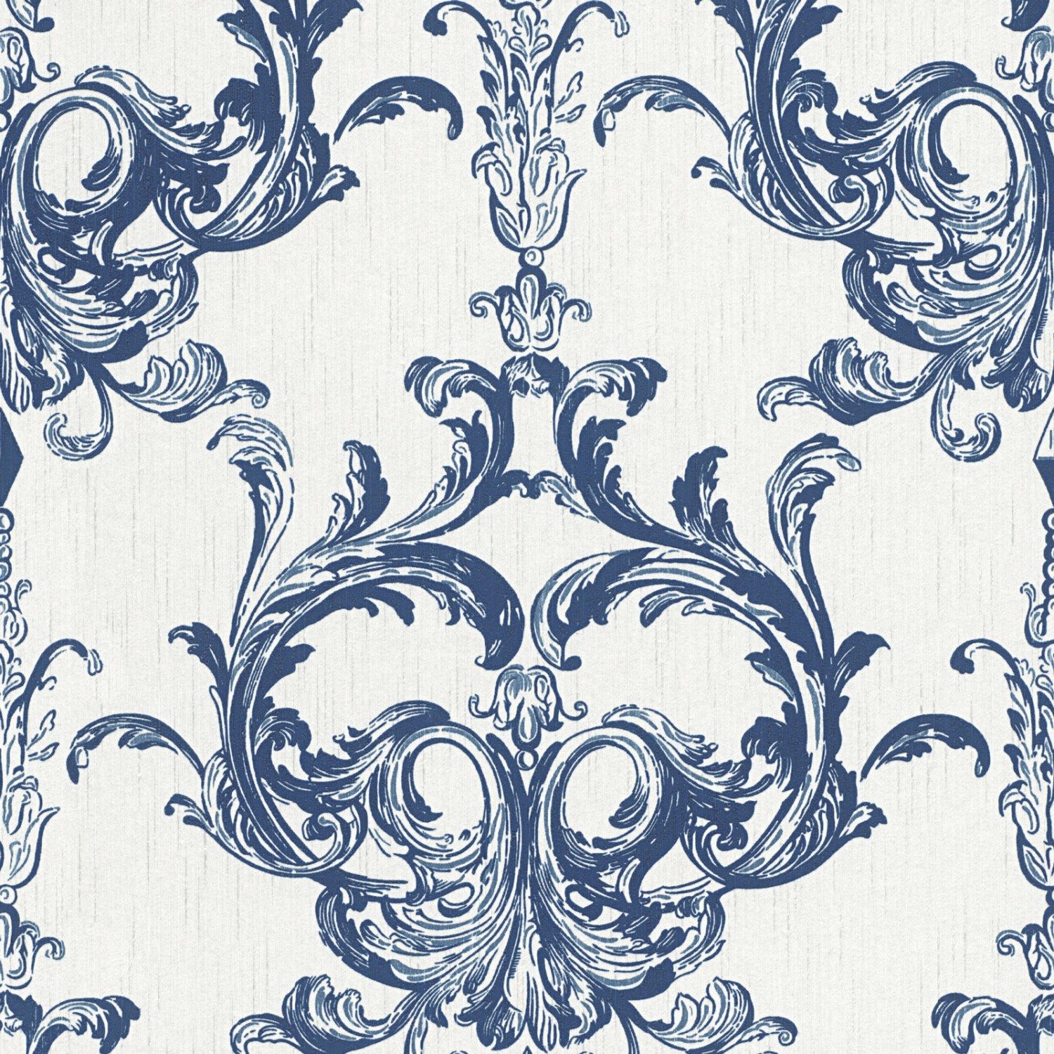Bricoflor Ornament Tapete Royal Barock Vliestapete in Weiß Blau mit Textil Rokoko Muster Elegante Vlies Textiltapete Ideal für Ess und Schlafzimmer