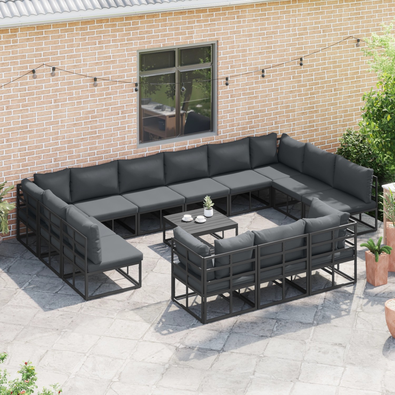 vidaXL Garten-Sofa-Set, 13-teilig, schwarz, mit Aluminiumrahmen und anthrazitfarbenen Kissen.