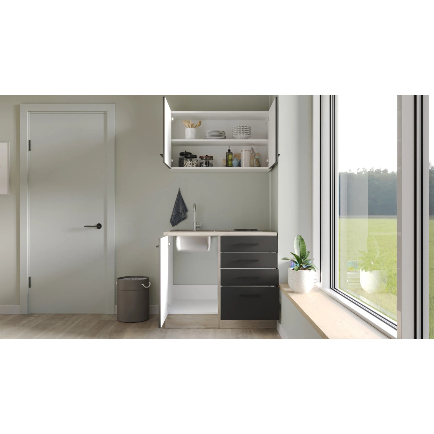 Flex-Well Miniküche Capri, 100 cm, Schwarz/Eiche, mit Spüle, Kochfeld und Ober-/Unterschränken.