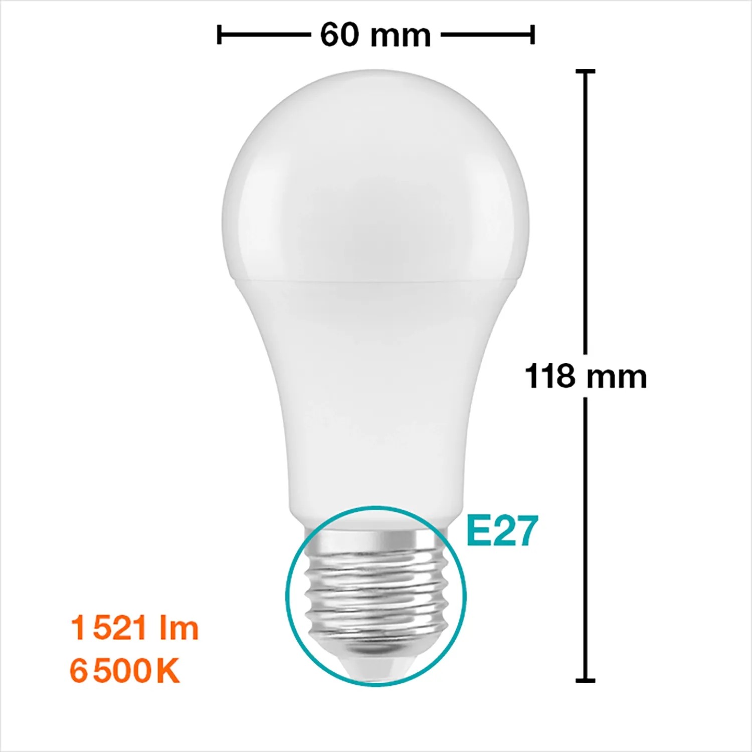Osram LED-Lampe E27 in Glühlampenform, 13W, 1521 Lumen, mit Maßangaben.