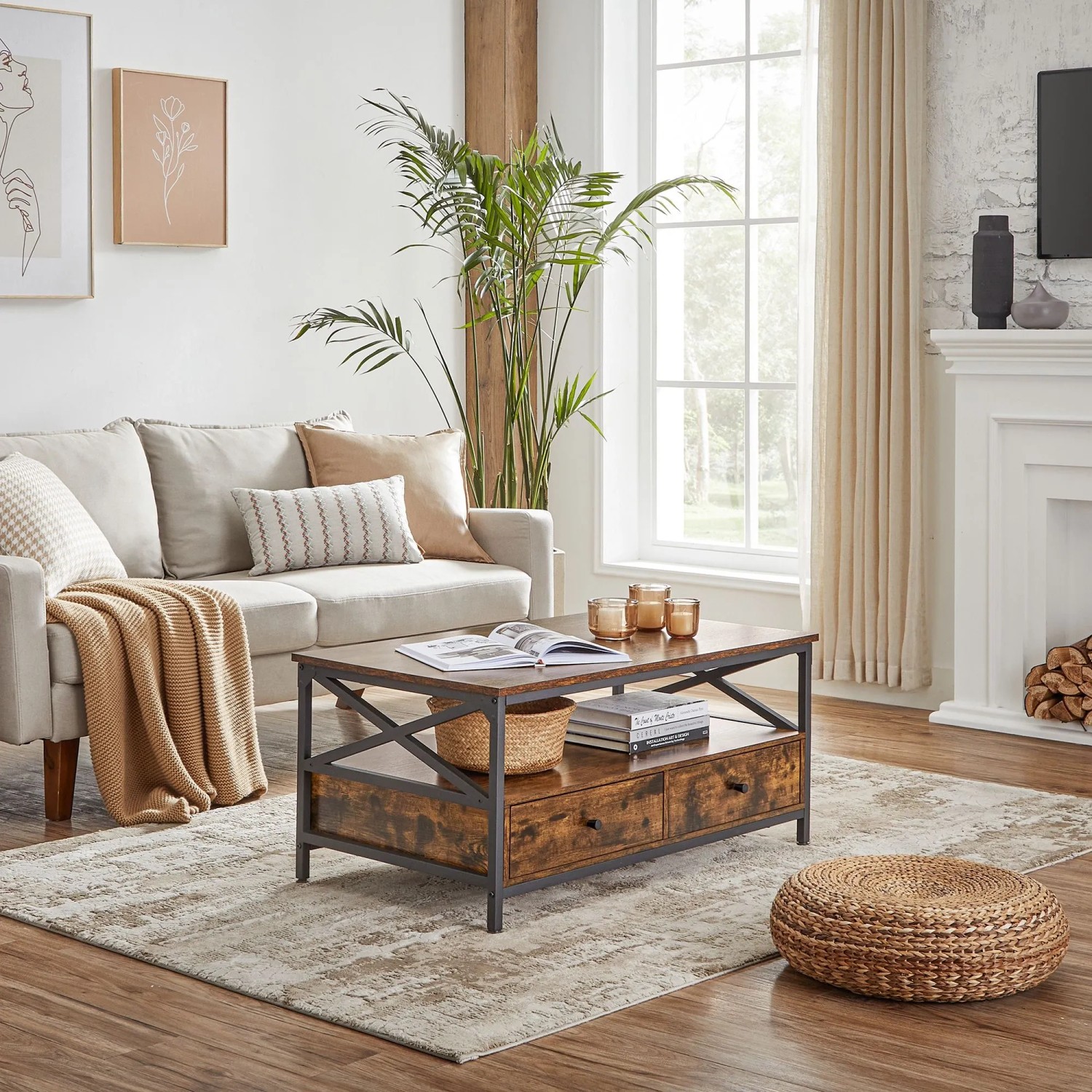 Vasagle Couchtisch braun-schwarz (100x55x45cm) mit Stauraum und Schubladen im Wohnzimmer.