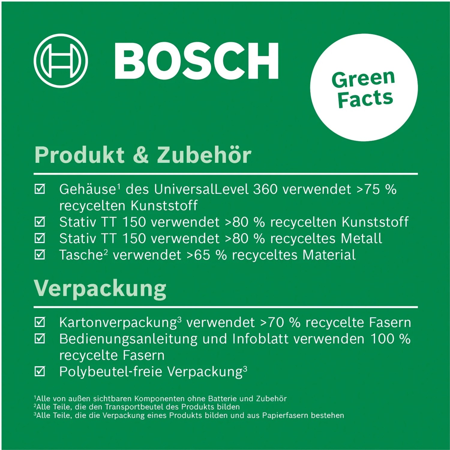 Bosch UniversalLevel 360 Kreuzlinienlaser Set: Green Facts zu Produkt, Zubehör und Verpackung.