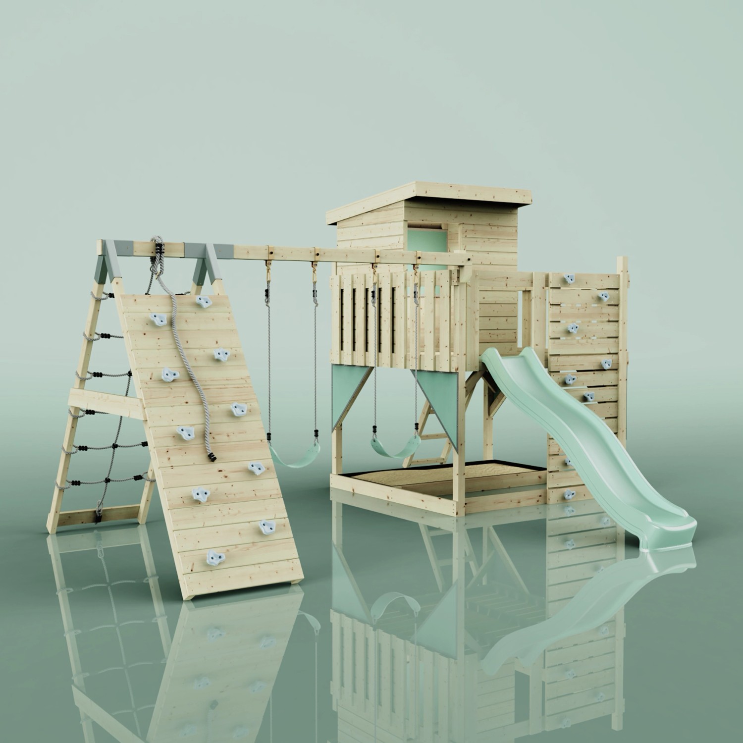 PolarPlay Spielturm Frida mit Schaukel, Rutsche und Kletterwand aus Holz, mintgrün.